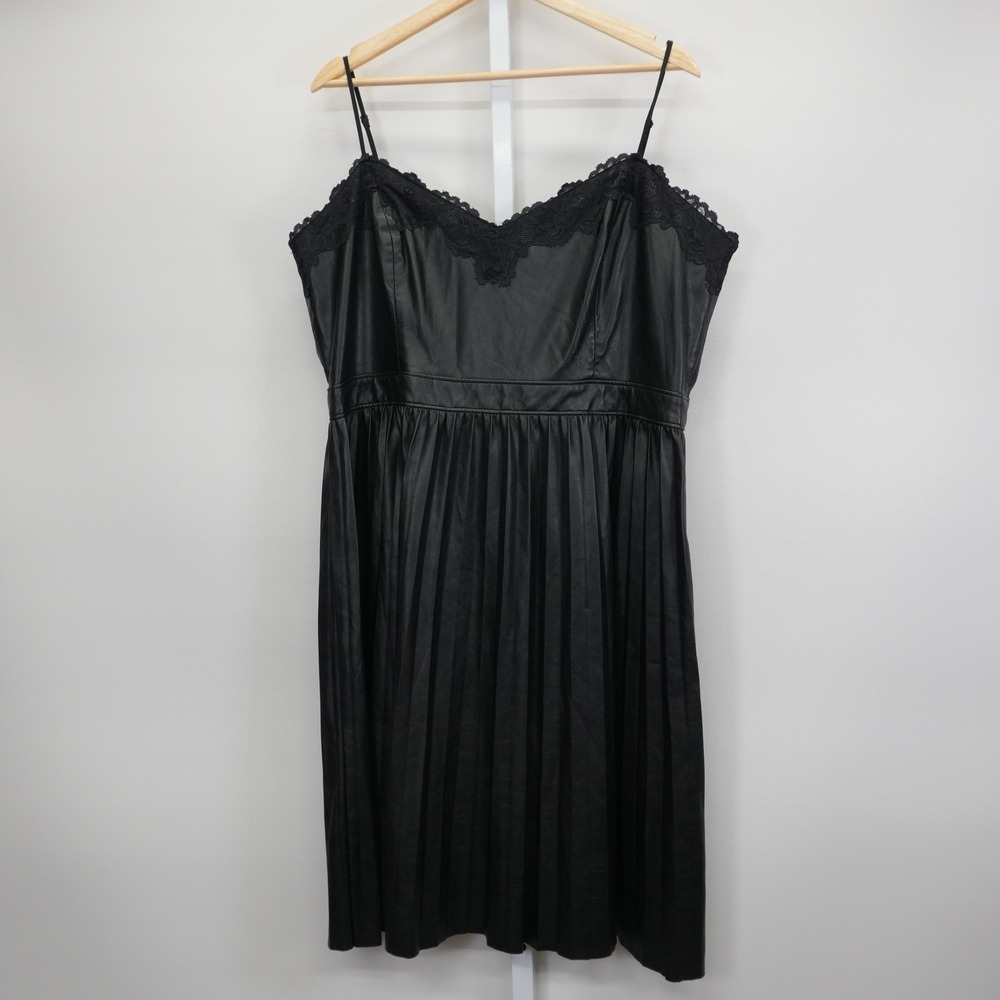 Express Womens XL Black Faux Leather Lace Trim Pleated Cami Midi Dress
